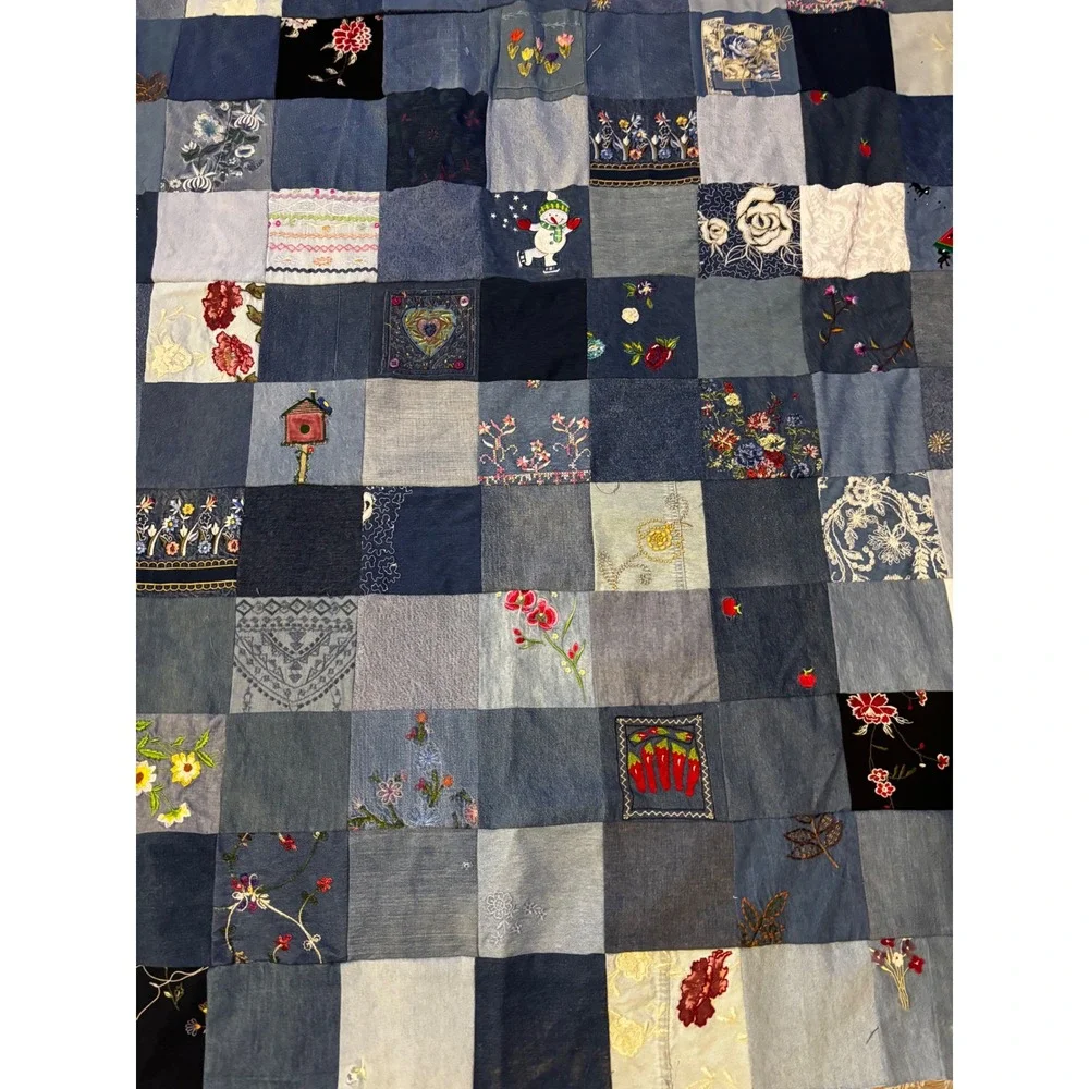 Unfinished Quilt Top Handmade Patchwork Denim Embroidered Upcycled Boho 71x52